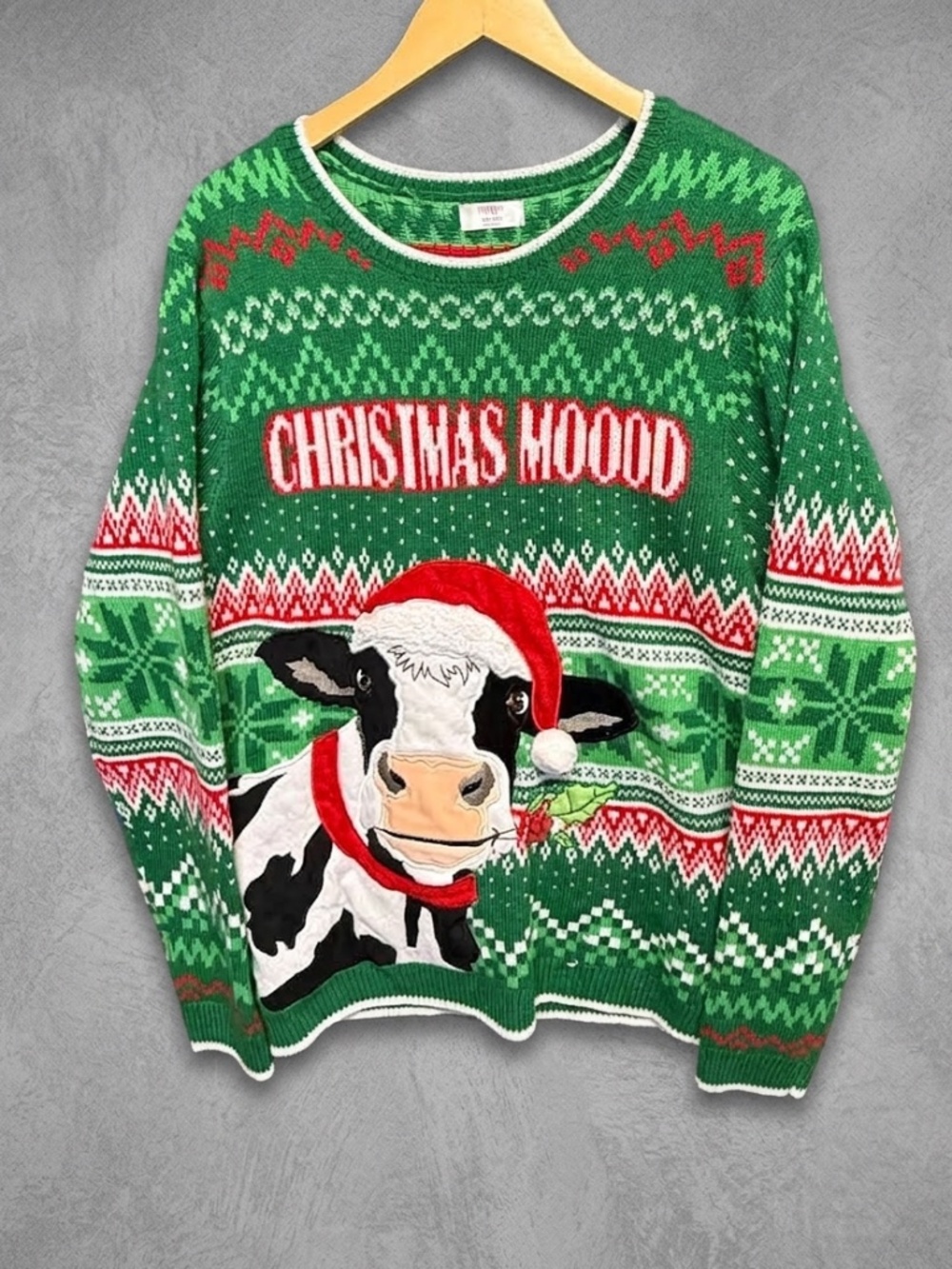 Holiday Time Ugly Christmas Sweater Large L Cow Santa Hat Fair Isle Christmas